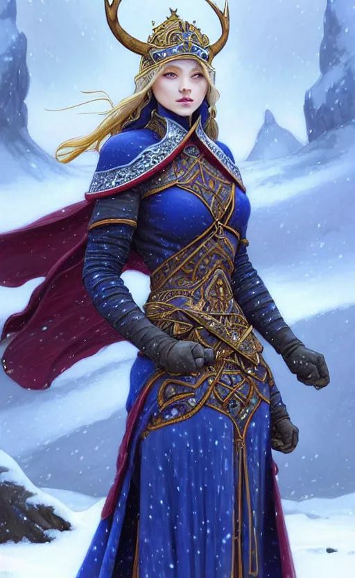 Image similar to sapphire viking warrior, regal, elegant, winter, snow, beautiful, stunning, hd, illustration, epic, d & d, fantasy, intricate, elegant, highly detailed, wide angle, digital painting, artstation, concept art, smooth, sharp focus, illustration, wallpaper, art by artgerm and greg rutkowski and alphonse mucha and jin xiaodi