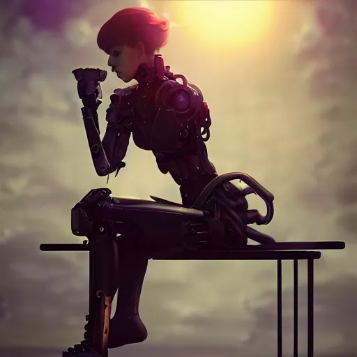 Prompt: broken cyborg - girl by tom bagshaw, sitting on a metal table by ilya kuvshinov, rtx rendering, octane render 1 2 8 k, maya, extreme high intricate details by wlop, digital anime art by ross tran, medium shot, close up shot, composition by sana takeda, dramatic lighting by greg rutkowski