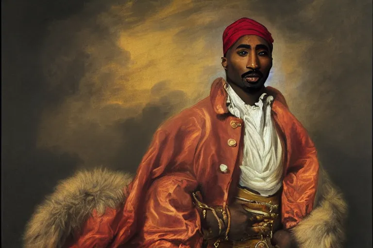 Prompt: tupac in the style of samuel johnson, meme, Sir Joshua Reynolds, 1775 oil painting, 8k, photorealistic brush strokes