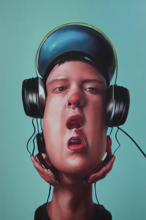 Image similar to hyperrealism surrealism acrylic painting, close - up portrait of bowling ball - with big headphones and a mime sweater, aerosol splashes on paper background, art by jeff soto