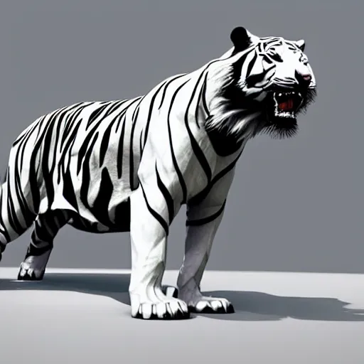 Image similar to a low - poly render of an all white tiger with no stripes in a dynamic action pose dwelling in the spirit realm, low poly 3 d, octane render, dramatic dreamlike lighting, all white render, no textures, angular energetic background elements, angular dynamic white rock floor, artgerm, unreal engine, artgerm, artstation, ross tran