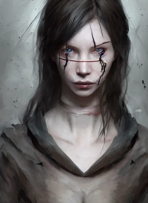 Prompt: portrait of sinister girl with thin evil lips, skeksis, battle worn, bandaged nose, expressive eyes, fullbody, translucent skin, procedural rendering, greg rutkowski, charlie bowater, yuumei, yanjun cheng, unreal 5, daz, hyperrealistic, octane render, rpg portrait, dynamic lighting, fantasy art, beautiful face