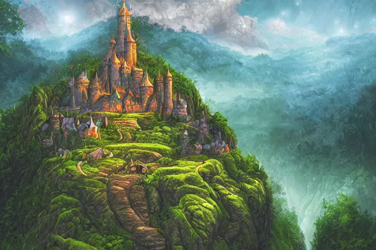 Prompt: cell shaded image of a fantasy single small castle, highly detailed, on lush green hills with a forest in the background, digital illustration, by Tony Sart, by Anato Finnstark