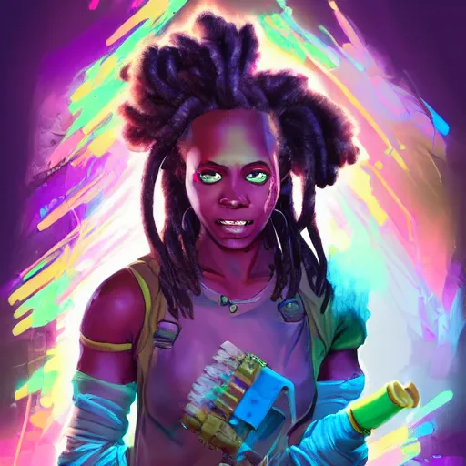 Prompt: a young black girl with colorful dreadlocks mixing chemicals in a steampunk alchemy lab, apex legends character digital illustration portrait design, by noah bradley and android jones in a cyberpunk style, synthwave color scheme, dramatic lighting, hero pose, wide angle dynamic portrait