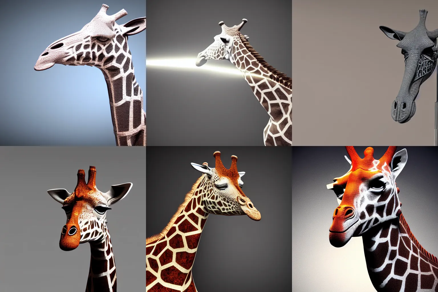 Prompt: a cybernetic giraffe, studio lighting, 3d render, photorealistic