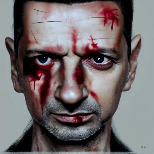 Image similar to portrait of dave gahan as a young zombie with cuts on it's face, 7 days to die zombie, fine art, award winning, intricate, elegant, sharp focus, cinematic lighting, highly detailed, digital painting, 8 k concept art, art by guweiz and z. w. gu and alex konstad and brom, masterpiece, 8 k