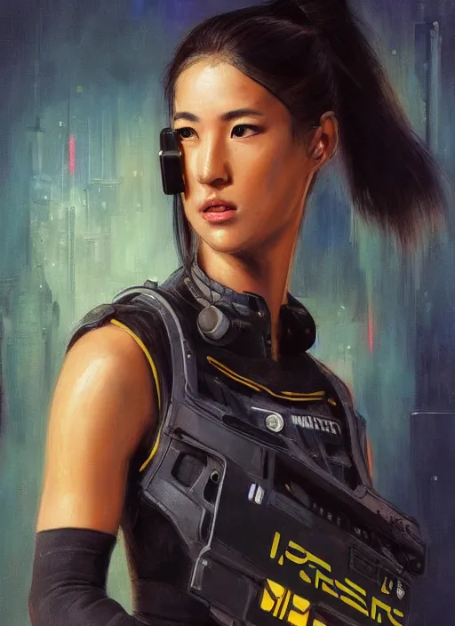 Image similar to Nikki tanaka. beautiful cyberpunk female USN marine wearing a military vest and brightly colored jumpsuit (cyberpunk 2077, bladerunner 2049). gorgeous face. Iranian orientalist portrait by john william waterhouse and Edwin Longsden Long and Theodore Ralli and Nasreddine Dinet, oil on canvas. Cinematic, hyper realism, realistic proportions, dramatic lighting, high detail 4k