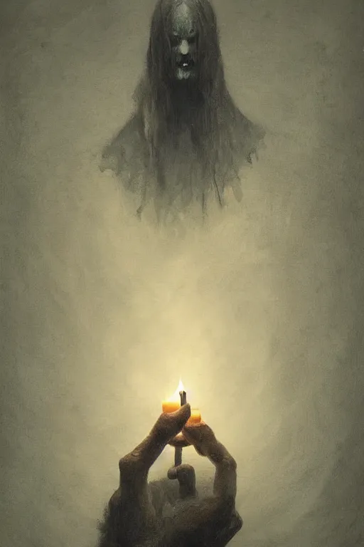 Image similar to Spirit holding a candle in the middle of the room, horror, illustrated by Greg Rutkowski and Caspar David Friedrich., Trending on artstation, artstationHD, artstationHQ, 4k, 8k