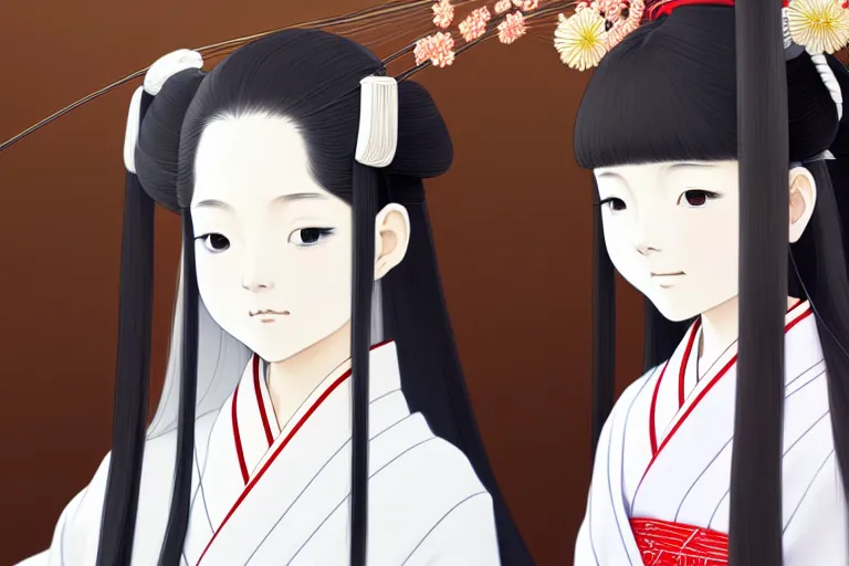 Image similar to portrait of a young japanese girl with long white hair in traditional clothing at a shinto shrine, fine detailed features, trending on pixiv fanbox, ilya kuvshinov makoto shinkai takashi takeuchi studio ghibli, akihiko yoshida, 4 k