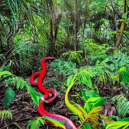 Image similar to thick jungle with brightly colored snakes everywhere. very dark