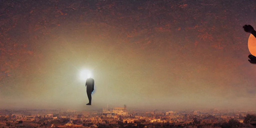 Prompt: a solar eclipse in the sky above, the city of ancient babylon below in the distance, the city is on fire, full-body silhouette of a single observer in the foreground, the figure is an ancient greek athletic man, the outlines of the figure are soft focus and hazy, thick impasto paint, double exposure, lens flare