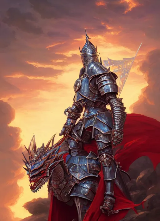 Image similar to highly detailed portrait of a paladin knight with shield fighting a red dragon, fantasy art by by simon bisley, loish, rhads, ferdinand knab, makoto shinkai and lois van baarle, ilya kuvshinov, rossdraws, tom bagshaw, global illumination, radiant light, detailed and intricate environment