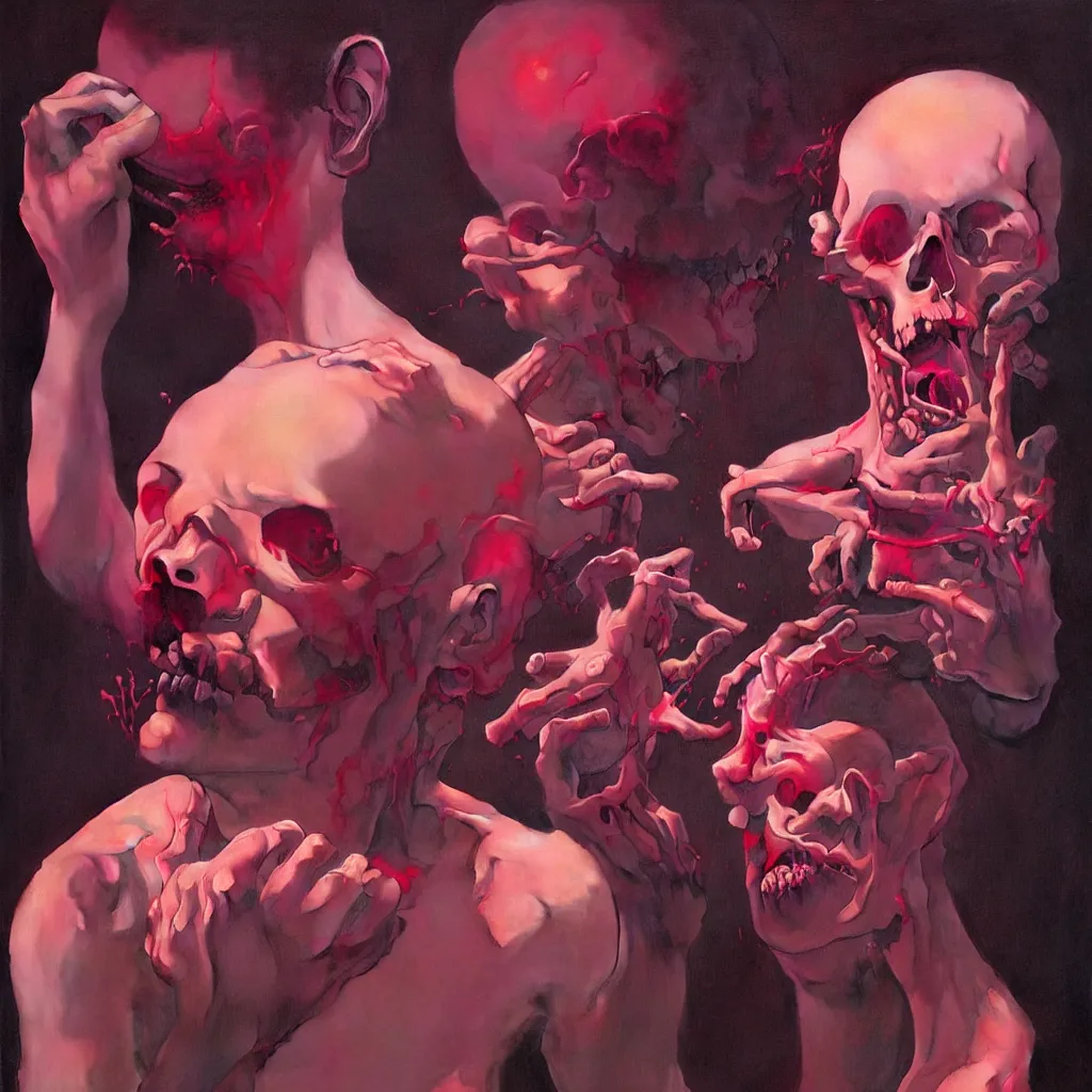 Image similar to weird and disturbing portrait of todd solondz puking blood, skull, vivid colors, neon, art by ( ( ( kuvshinov ilya ) ) ) and wayne barlowe and francis bacon and artgerm and wlop and william - adolphe bouguereau