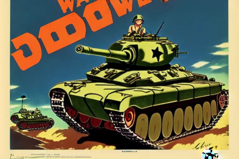 Prompt: 1940s, war, anime, poster, tanks