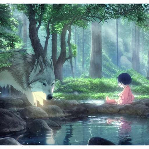 Image similar to wolf, forest, drinking water from an illuminated pool, hayao miyazaki, masashi ando, nizou yamamoto, kazuo oga, joe hisaishi, yoji takeshige, naoya tanaka