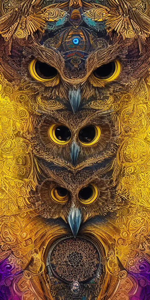 Image similar to intricate ornate of an owl with beautiful yellow eyes on a psychedelic journey in the style of android jones, sacred, ethereal, sacred geometry, hyper detailed, high detail, artstation, octane, unreal engine