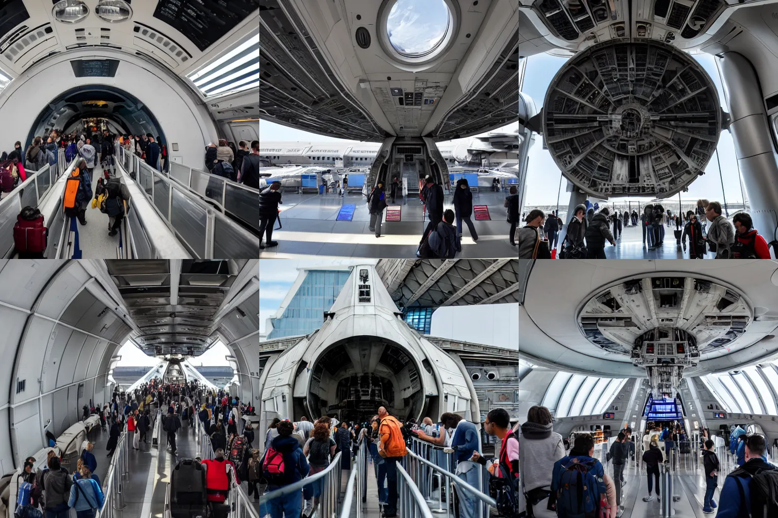 Prompt: photo of people boarding the millennium falcon at jfk international airport, shot with a wide angle lens, view from outside, photo taken from the gate window to outside