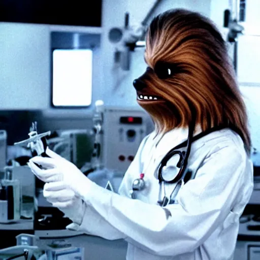 Prompt: chewbacca in the role of nurse from doctor haus movie, medical dress, white lab coat, detailed, demical outfit, in the lab, film still
