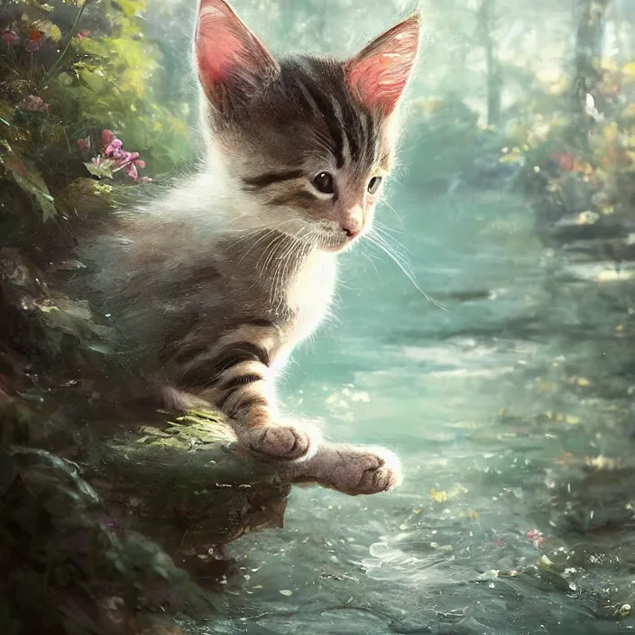 Prompt: a highly detailed painting of a cute kitten at a river. character design by cory loftis, fenghua zhong, ryohei hase, ismail inceoglu and ruan jia. volumetric light, detailed, rendered in octane