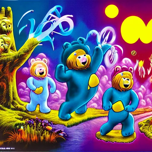 Image similar to the care bears on iron maiden album cover, 8 k resolution hyperdetailed photorealism