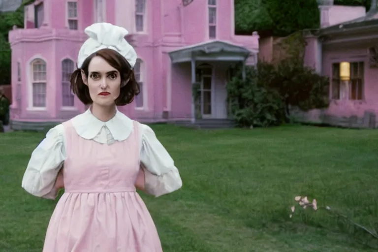 Image similar to mid-shot of Winona Ryder as a maid in the new movie directed by Wes Anderson, symmetrical shot, idiosyncratic, relentlessly detailed, pastel, limited colour palette, detailed face, movie still frame, promotional image, concept art, imax 70 mm footage