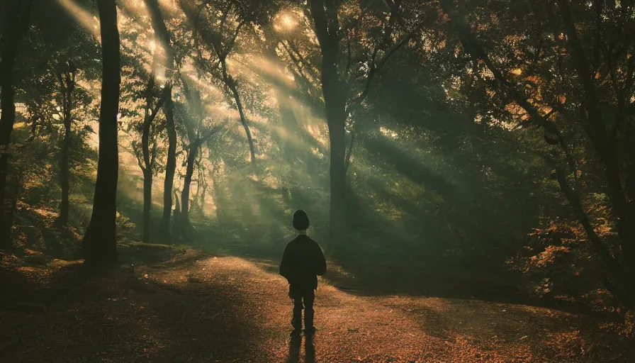 Prompt: 1 9 9 0 s candid 3 5 mm photo of a beautiful forest in tokyo, cinematic lighting, cinematic look, golden hour, the clouds are epic and colorful with cinematic rays of light, a boy walks down the center of the forest with a beanie on, photographed by petra collins, uhd