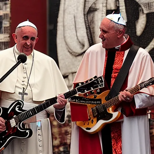 Prompt: the pope playing guitar in a hard rock band promotional profesional photograph, full band, all dressed as popes