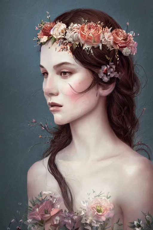 Image similar to beautiful maiden wearing a floral headband, intricate, elegant, highly detailed, digital painting, artstation, concept art, smooth, sharp focus, illustration, art by WlOP