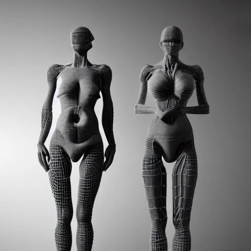 Prompt: beautiful human bodies intertwined, torso, belly, skin, loving embrace, surrealism, wireframe, perfect topology, 3 d model, 3 d mesh, gradients, atmospheric lighting, octane render