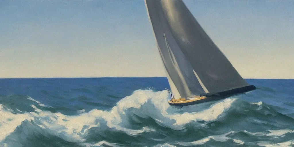 Image similar to sailboat style of edward hopper windy waves cliffs beautiful 8k painting