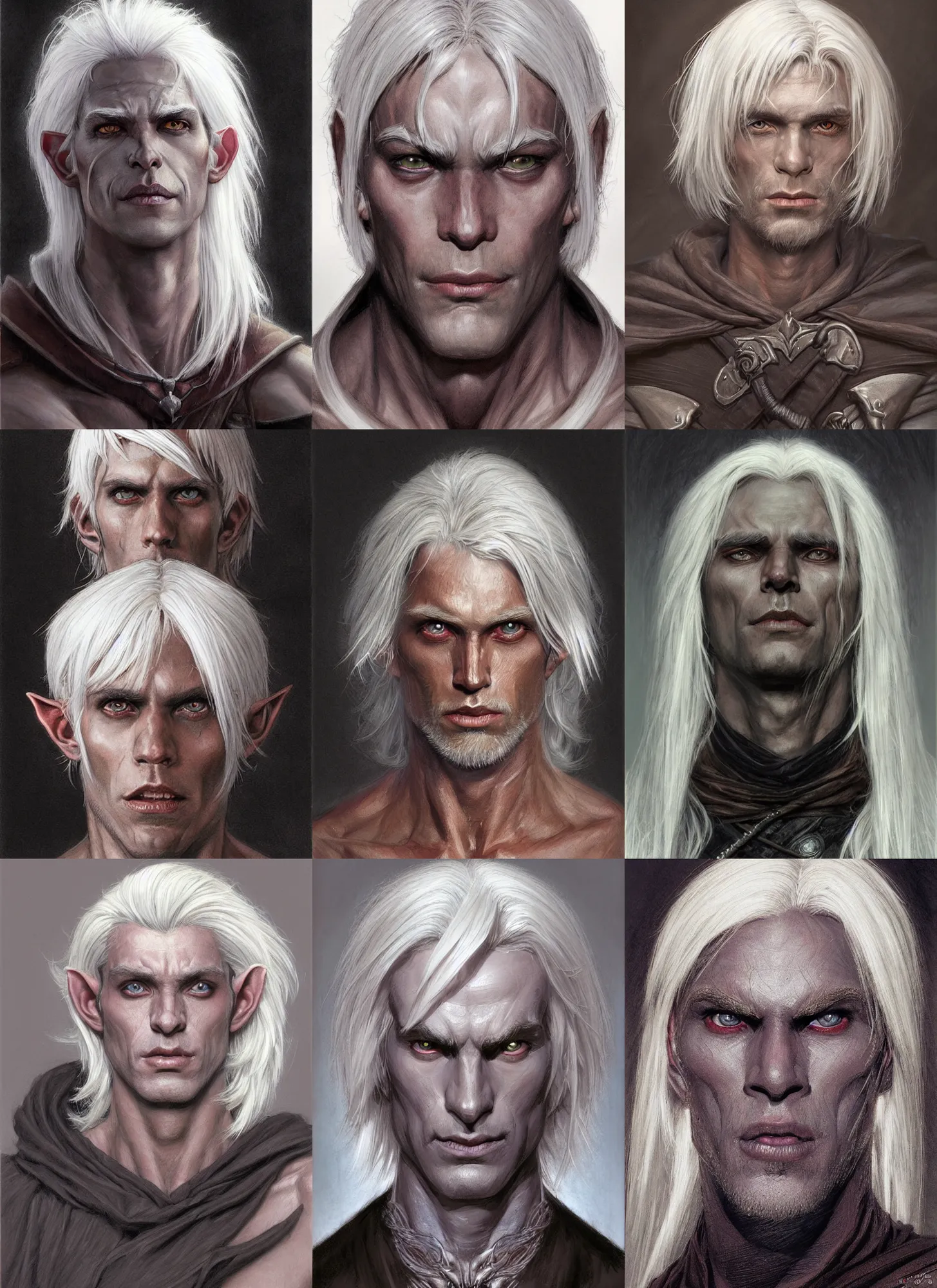 Prompt: a head portrait of a dark drow elf male, medium length white hair, smooth skin, young adult, happy, pointed chin, charcoal color skin, curious, style by donato giancola, wayne reynolds, jeff easley dramatic light, high detail, cinematic lighting, artstation, dungeons and dragons