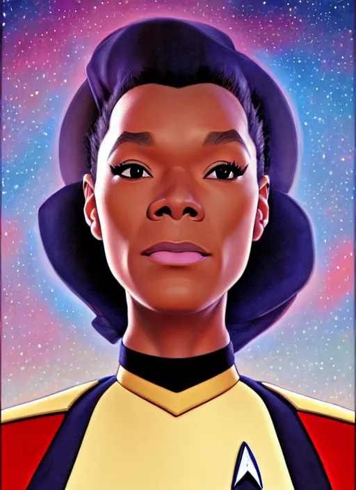 Image similar to cute star trek officer nat king cole, natural lighting, path traced, highly detailed, high quality, digital painting, by don bluth and ross tran and studio ghibli and alphonse mucha, artgerm