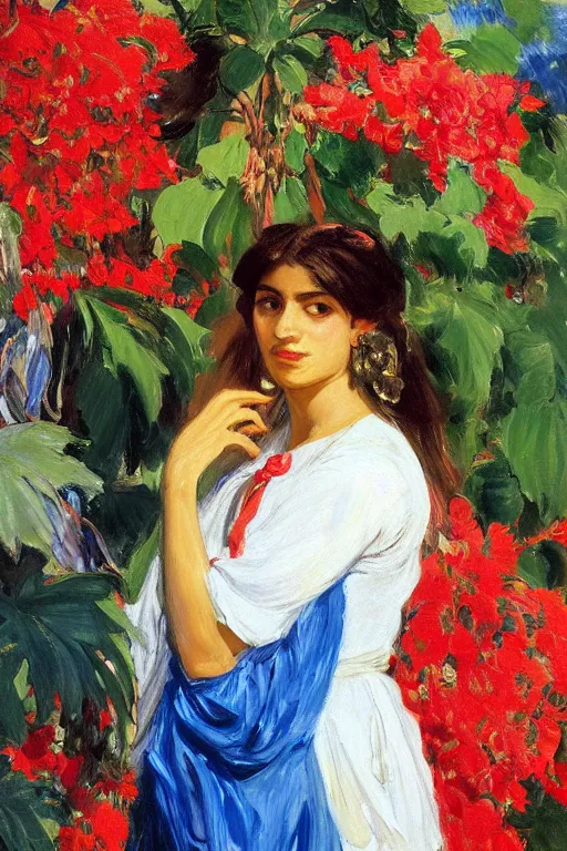 Image similar to portrait of persian girl with arabesque red and blue detailed scarf near bougainvillea and mexican fan palms, painting by john singer sargent