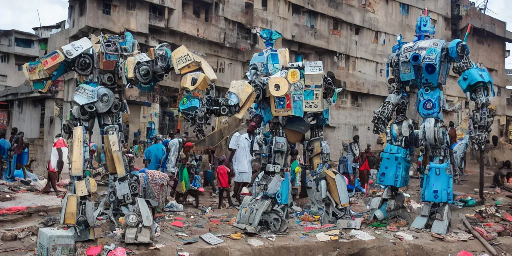 Image similar to giant mecha ROBOT of AJEGUNLE SLUMS of Lagos, writing on robot,