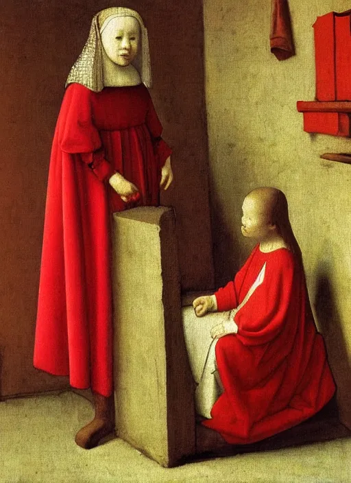 Image similar to red cloth and red shoes, medieval painting by jan van eyck, johannes vermeer