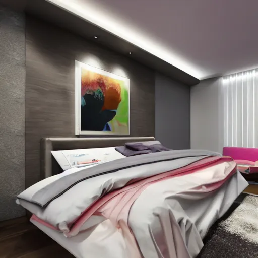 Image similar to govee led strip lighting in bedroom, scene, colourful, 8 k, unreal engine, realistic, house and home,