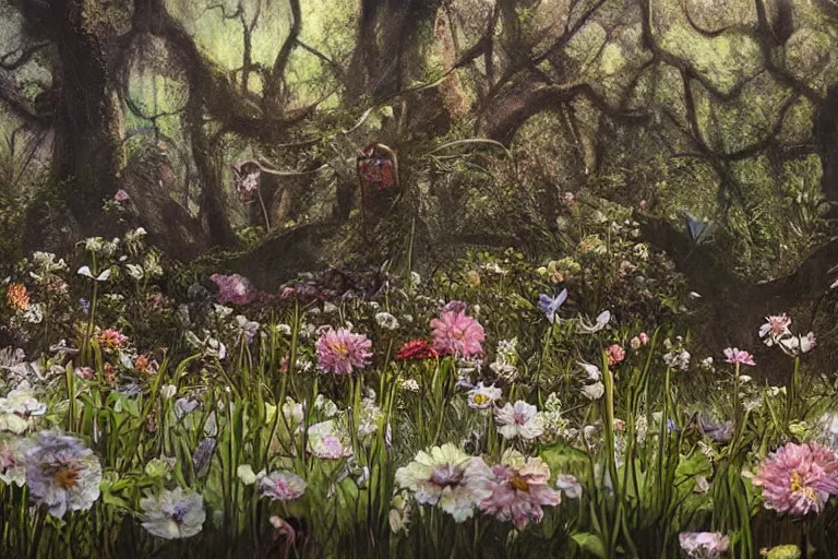 Image similar to hyperrealism, scene from starship, louisiana swamps, spring blooming flowers garden, true detective, 8 k, 8 0 s japanese sci - fi books art