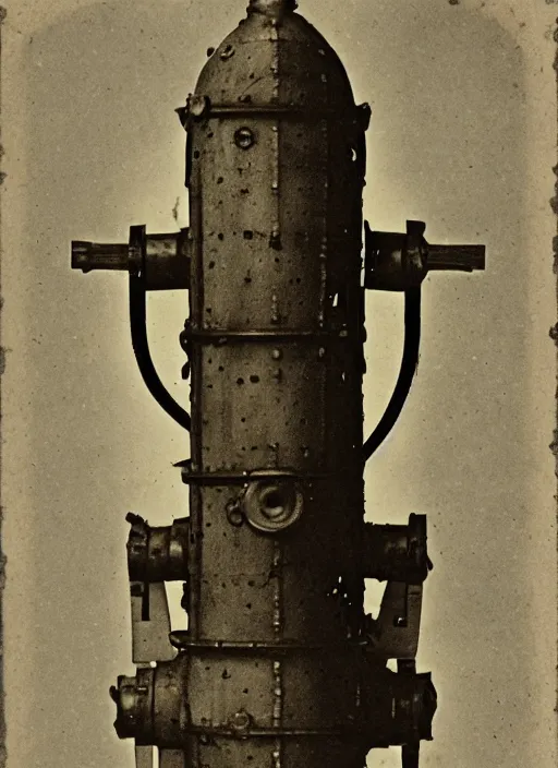 Prompt: 1 8 8 5 photo of a steampowered riveted turret from portal 2, daguerrotype, high quality