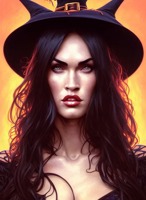 Image similar to portrait of megan fox as witch, hat, toad, pumpkin, halloween, intricate, headshot, highly detailed, digital painting, artstation, concept art, sharp focus, cinematic lighting, illustration, art by artgerm and greg rutkowski, alphonse mucha, cgsociety