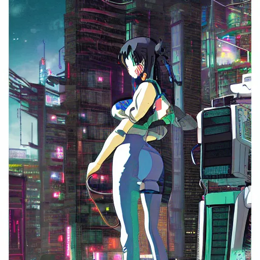 Image similar to a cyberpunk anime style illustration of an android girl seen from behind, seated on the floor in a tech labor with her back open showing a complex mess of cables and wires, by masamune shirow and katsushiro otomo, studio ghibli color scheme