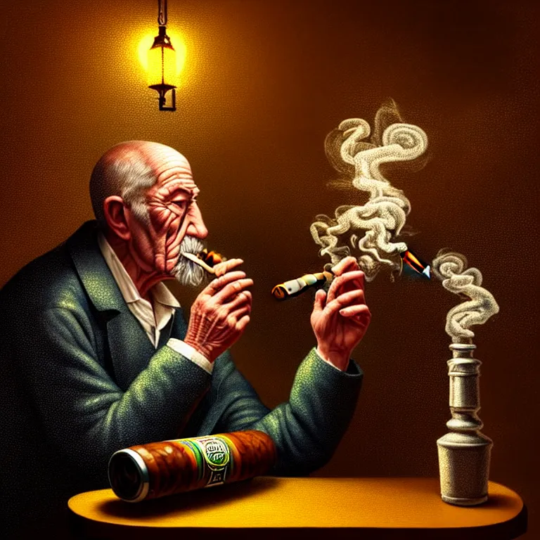 Image similar to a intricately detailed portrait of an old man smoking a lit cigar in an irish pub with a neon bar, smoke rising like clouds, balanced, symmetrical, super resolution, trending on art station, volumetric lighting & shadows, hyper detailed, digital art, unreal engine, in the style of a escher, 4 0 0 mm f 1. 8,