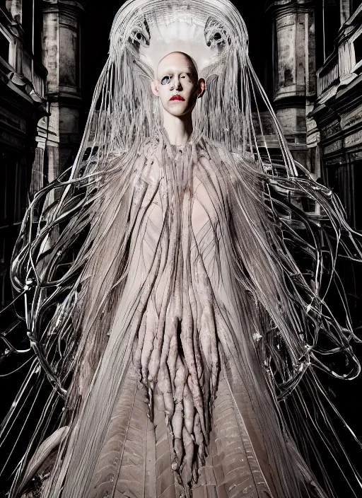 Image similar to walking down the catwalk, tim walker, show, stage, vogue photo, podium, fashion show photo, historical baroque dress dark, iris van herpen, beautiful woman, full body shot, masterpiece, intricate, biopunk, predator, guyver, highly detailed