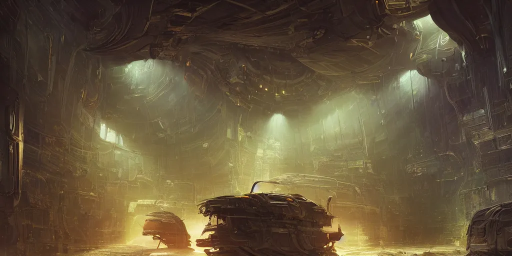 Image similar to an extremely detailed masterpiece epic color scene of the inside of a cavernous spaceship extraterrestrial pilots an opened hanger door and space in background, in the style of greg rutkowski and frank paul lehr and lebbeus woods, intricate, elegant, highly detailed, digital painting, artstation, cinematic lighting, extremely moody lighting, glowing light and shadow, 4 k