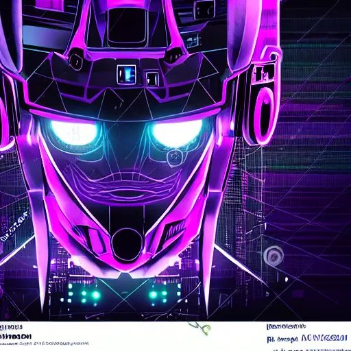 Image similar to Head of a robot with purple glowing eyes in cyberpunk neon Tokyo in style of Tsutomu Nihei. Cyberpunk, vertical symmetry, 8K, Highly Detailed, Intricate.