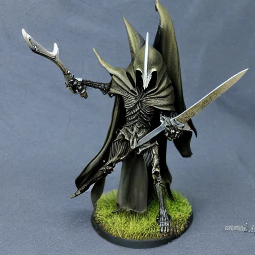 Image similar to Sauron skeletal mask holding sword intimidating standing in front of Minas Morgul fortress Minas Ithil ring wraith fantasy painting mid distance 40mm fullbody