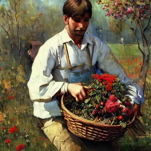 Image similar to a beautiful painting of an european instagram heart farmer. in his arm he has a basket full of hearts. in style of ilya repin, trending on artstation