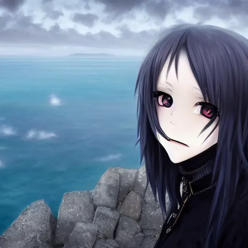 Image similar to 1 7 - year - old anime goth girl, black hair, long bob cut, long bangs, gothic coat, long bangs, standing on cliff along the irish coast, overcast gray skies, ultra - realistic, sharp details, cold lighting, blue and gray colors, intricate details, subsurface scattering, hd anime, 2 0 1 9 anime