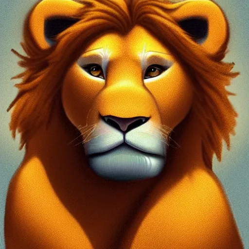 Prompt: a full-height portrait of Simba form the Lion King look like an ordinary human boy with beautiful hear and head, wearing jeans and a white T-shirt, humanisation, digital art style