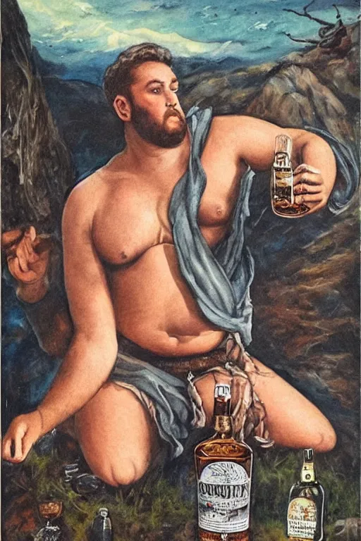 Prompt: a dramatic, epic, ethereal painting of a !handsome! thicc chunky beefy mischievous shirtless man with a beer belly wearing a large belt and bandana offering a whiskey bottle | he is relaxing by a campfire | background is a late night with food and jugs of whisky | homoerotic | cowboy hat, leather, stars, tarot card, art deco, art nouveau, intricate | by Mark Maggiori (((and Alphonse Mucha))) | trending on artstation