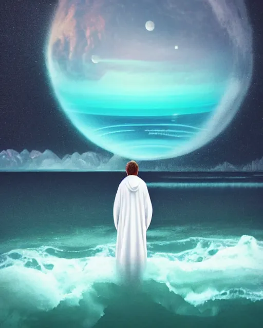 Image similar to a person wearing a white cloak standing in the water. a large planet is overhead. an album cover by stanley twardowicz, trending on cg society, retrofuturism, retrowave, chillwave, synthwave